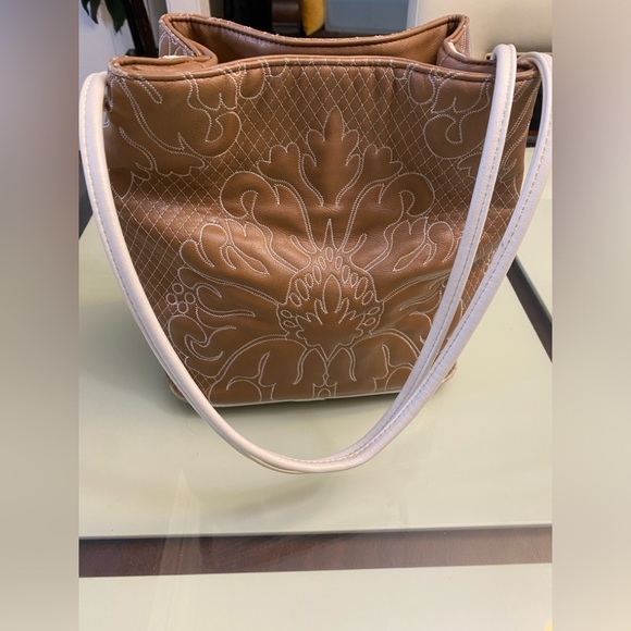 Samoe Square Top Handle Bag Mixed Colors Pockets Size 10H X 8L Brown Tan Beige - Picture 4 of 16